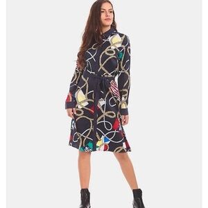 Tommy Hilfiger dress rope print satin buttons up dress  NWT navy classic elegant